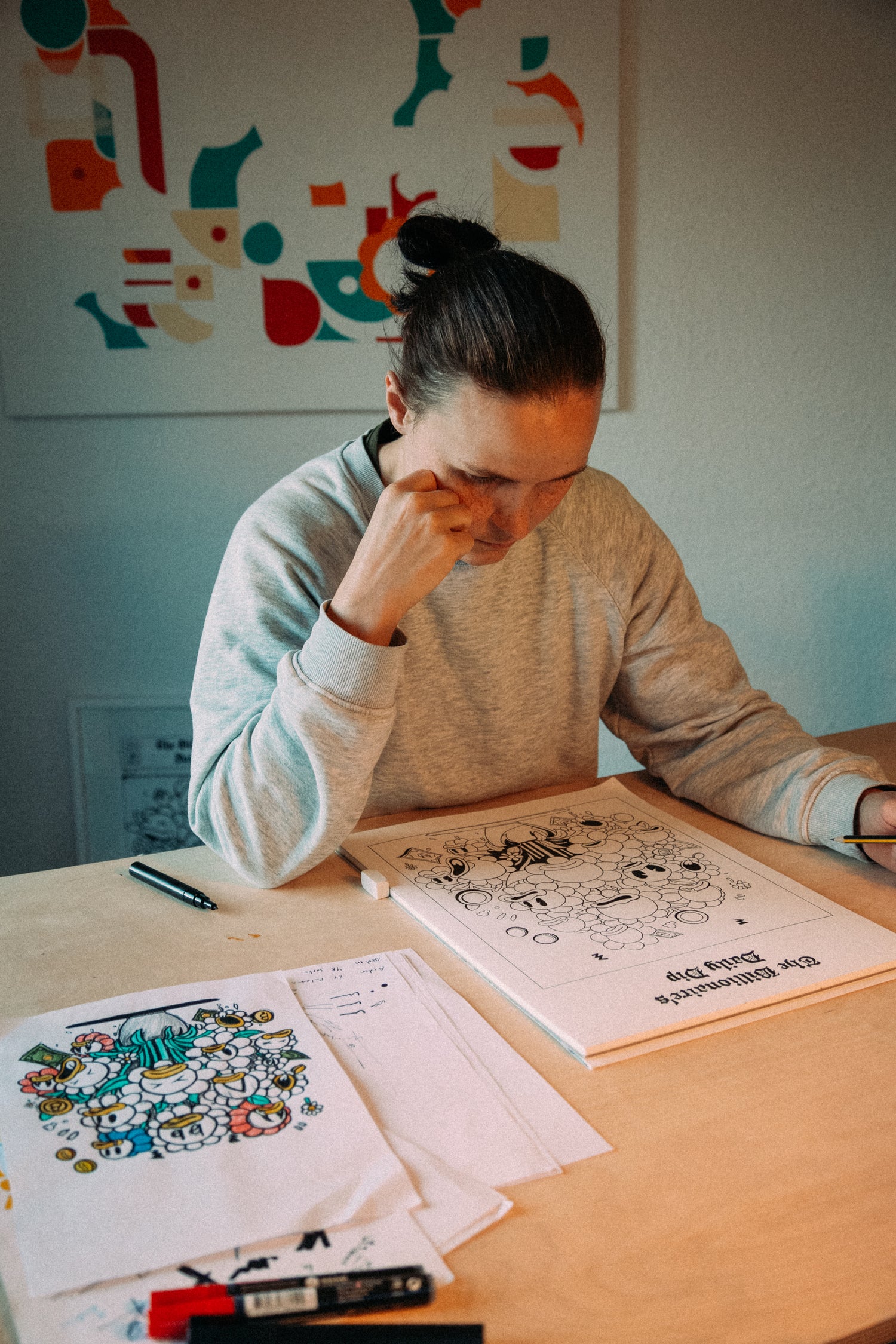 An artist capturing the thoughts and expressions of Billionaire Bathing Ducks